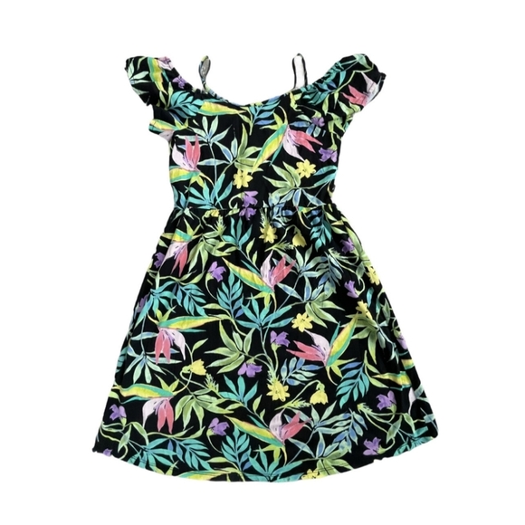 Children's Place Dress Girl (10/12) Black Floral Cold Shoulder Hi Low Vacation - Picture 2 of 5